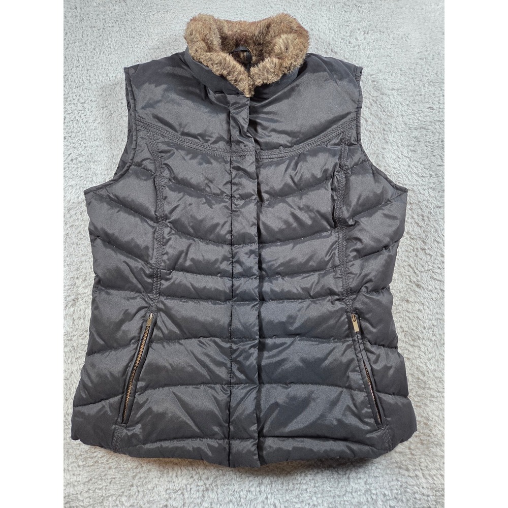 Eddie Bauer Down Puffer Vest M Grey Womens Faux Fur Trim Quilted Gorpcore